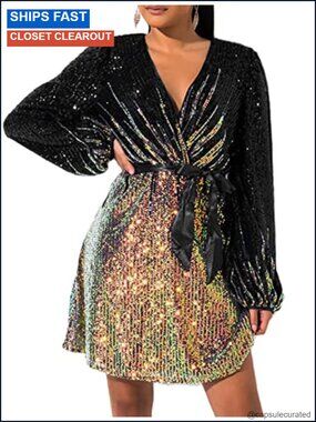 Plus Size Long Sleeve Sequin V-Neck Skater Cocktail Evening Dress